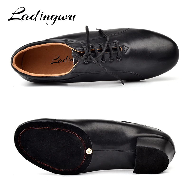 Ladingwu Latin Dance Shoes Men\'s 100% Genuine Leather Ballroom Dancing Shoes Men Soft Bottom Social Party Shoes Low Heel 4.5cm