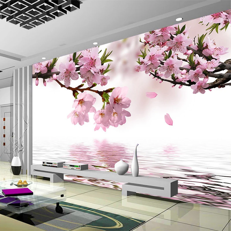 Romantic Peach Blossom Reflection Photo Mural Wallpaper Dining Room Living Room Home Decor Non-Woven Papel De Parede Floral 3D