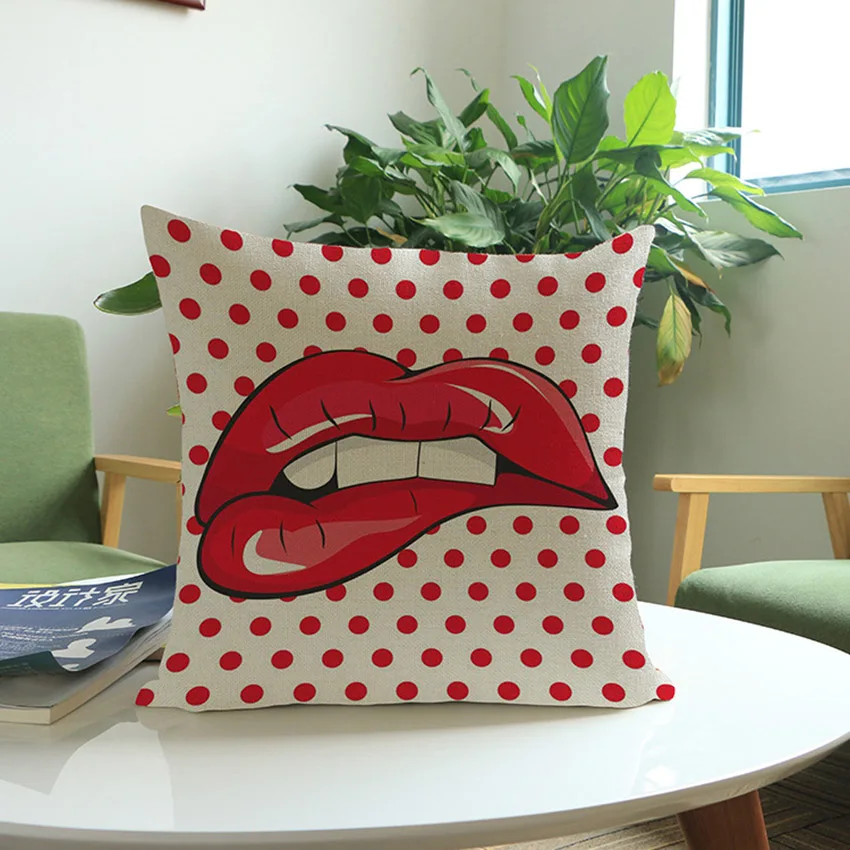 POP Art Fashion Girl Plaids Lip print Throw pillow home decor Retro Outdoor Decorative Square Chair Cushion For Car seat 45x45cm