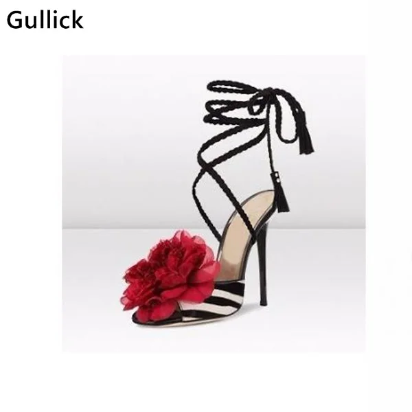 Hot Selling White And Black Zebra Stripes Big Red Flower Sandals High Heel Lace-up Cut-out Summer Dress Sandals For Woman