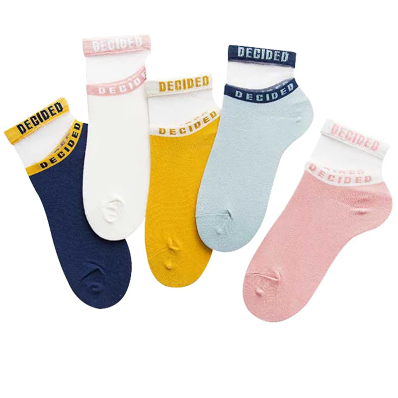 

5pairs Women Silk Socks Bright Color With Letters Funny Girls Ladies Socks Summer Autumn Cotton Female Art Sock Meias Calcetines