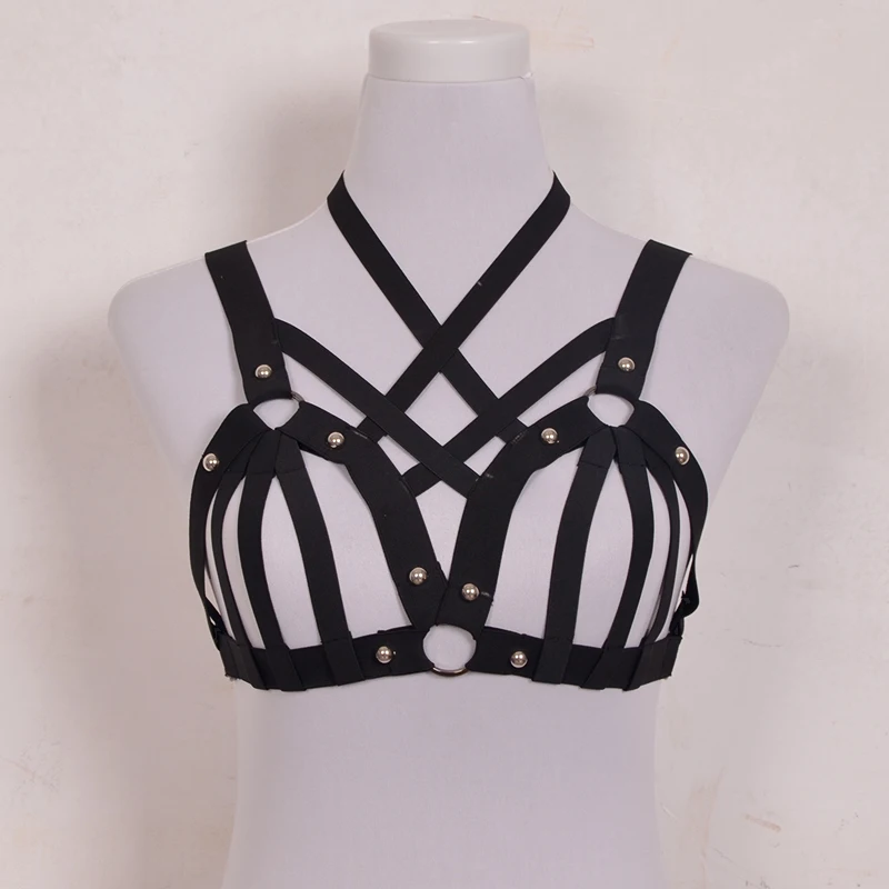 

Women Handmade harness cage bra Harajuku Gothic Exotic Apparel Rivet Sexy lingerie Summer style black body harness cage bra