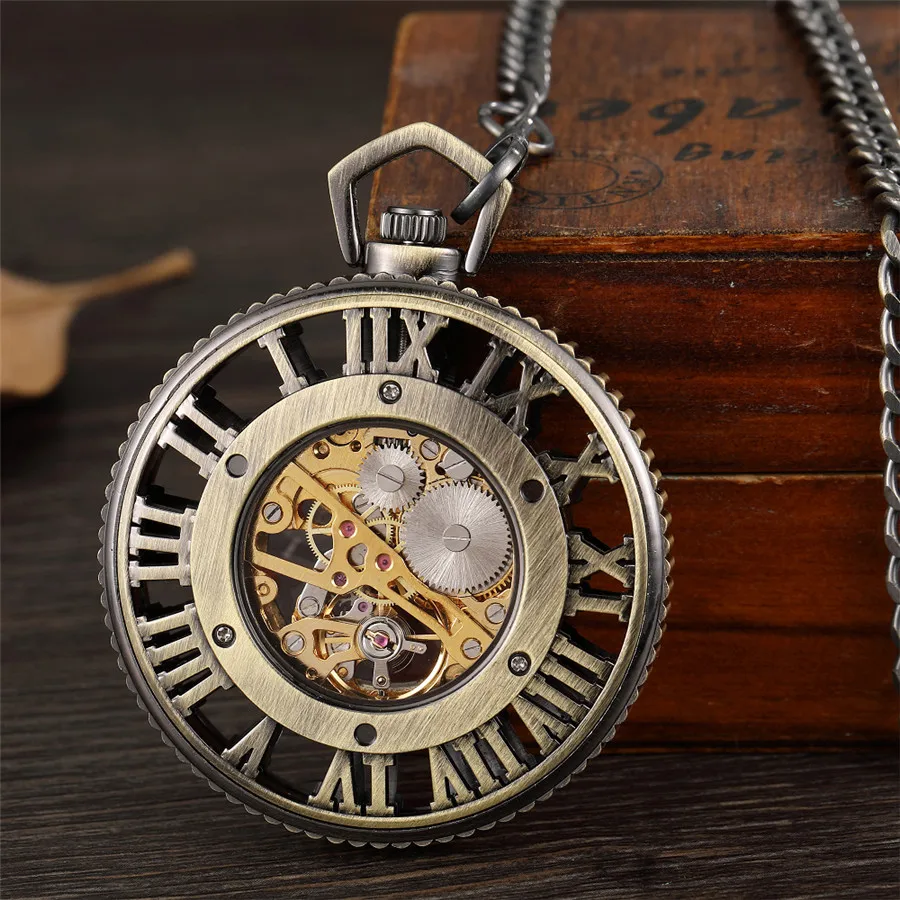 Retro Transparent Glass Hand Wind Mechanical Pocket Watch Hollow Roman Numerals Dial Antique Skeleton Fob Chain Watch Men's Gift