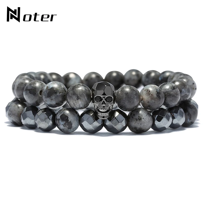 Hiphop Rock Skull Bracelets Male 8mm Geometric Natural Hematite Stone Brazalete For Hombre Stretch Braslet Present for Men Gift