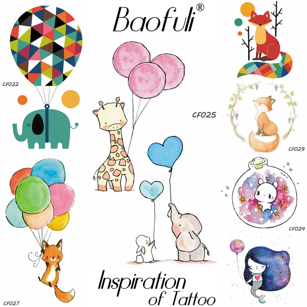 Baofuli Giraffe Elephant Rabbit Temporary Tattoo Painting Art Tattoo Waterproof Cartoon Fake Tattoo Ballon Fox Children Girl Boy