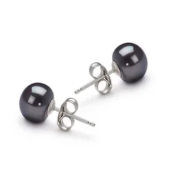 6-7mm AAA Natural Cultured Black Button Freshwater Pearl Earring with 925 Sterling Silver Sutd