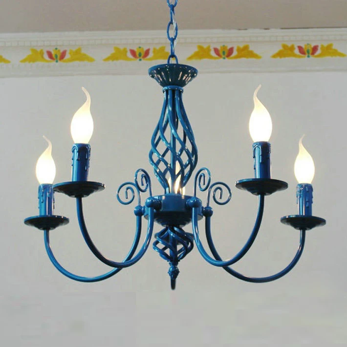 

For Foyer living room bedroom dinning room use modern vintage 5 arms classical Iron candle light blue chandelier