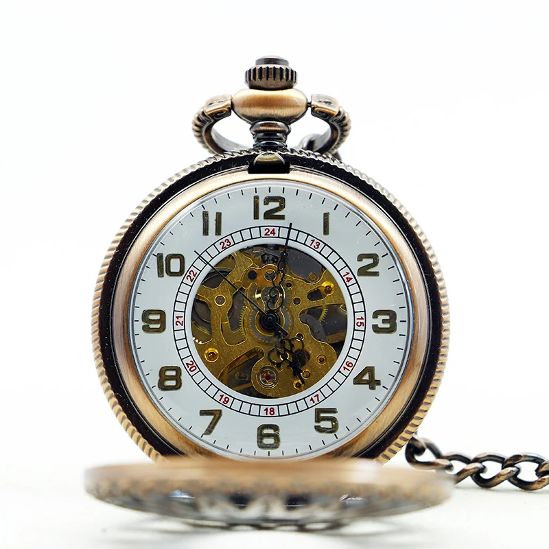 SHUHANG Red Sun Hollow Design Mechanical Pocket Watch Vintage Fob Chain Necklace Bracelet Pendant Clock Men's Best Gift