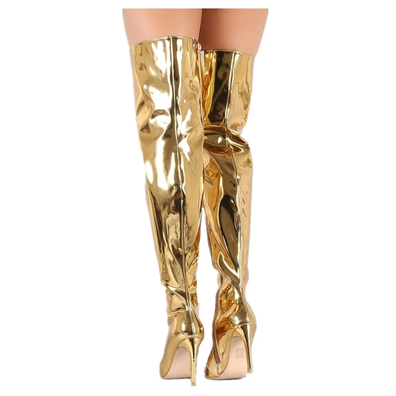 جديد أزياء المرأة فوق الركبة أحذية عالية الكعب الذهبي براءات الاختراع والجلود أشار تو أحذية السيدات مصمم الفخذ أحذية عالية النساء
