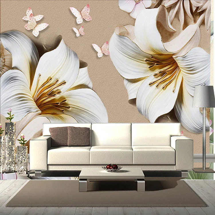 

Custom Mural Wallpaper 3D Stereo Embossed Lily Living Room TV Background Wall Painting Butterfly Flower Wallpaper For Walls 3 D