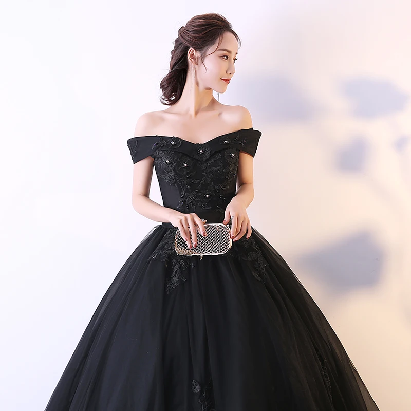 Vestido de quinceañera con hombros descubiertos, traje de quinceañera con apliques y cuentas, color negro, albaricoque, para baile de 15 años, 2019