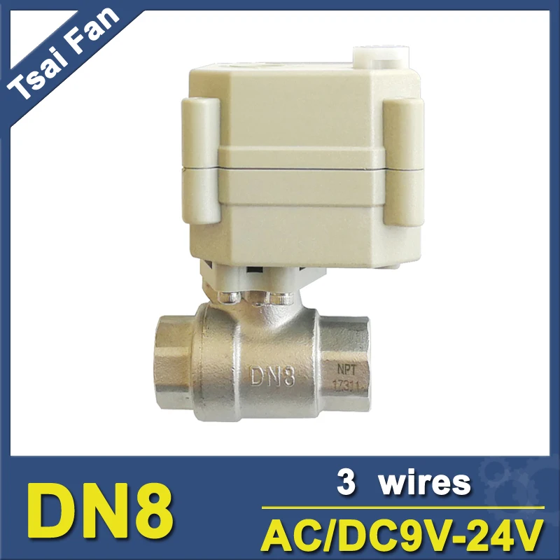 

1/4" Tsai Fan Electric Automatic Ball Valve 2 Way Stainless Steel NPT/BSP AC/DC9V-24V 3 Wires Valve On/Off 5 Sec CE/IP67