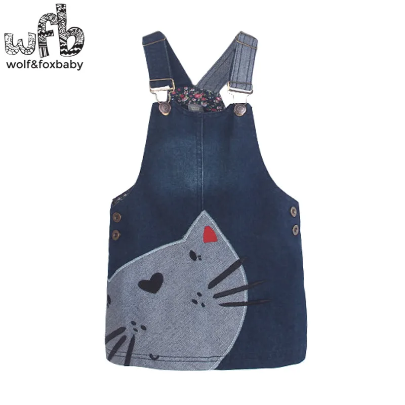 Retail 2-8 years dress sleeveless Ethnic style cartoon cat denim strap dress kids children spring summer autumn fall