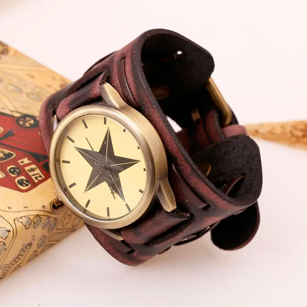 Hot Retro Brede Koe Lederen Armband Horloge Vintage Heren Horloges Casual Big Star Quartz Horloge Klok Relogio Reloj Dropship