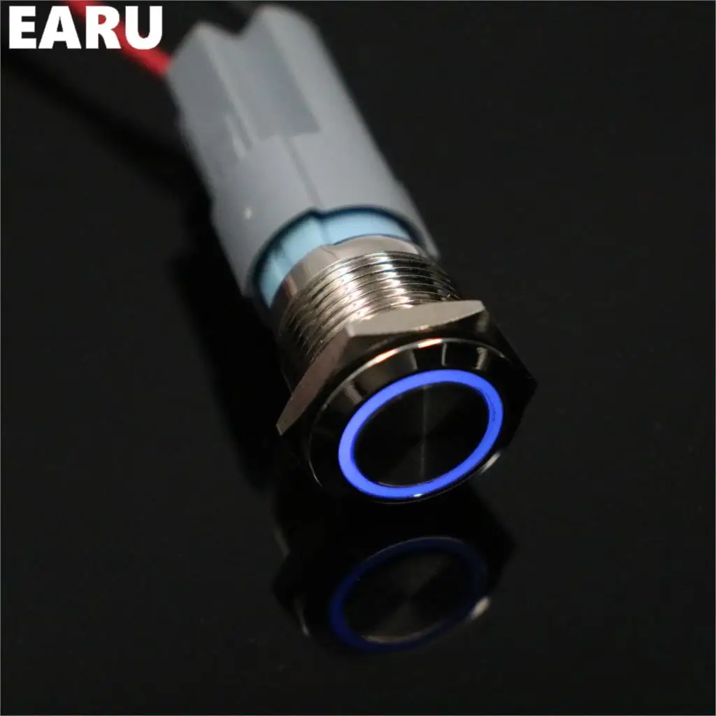 16mm Metal Round Push Button Switch Ring LED 5-380V 12V 6V Self-lock Momentary Latching Waterproof Car Auto Engine Red Blue PC