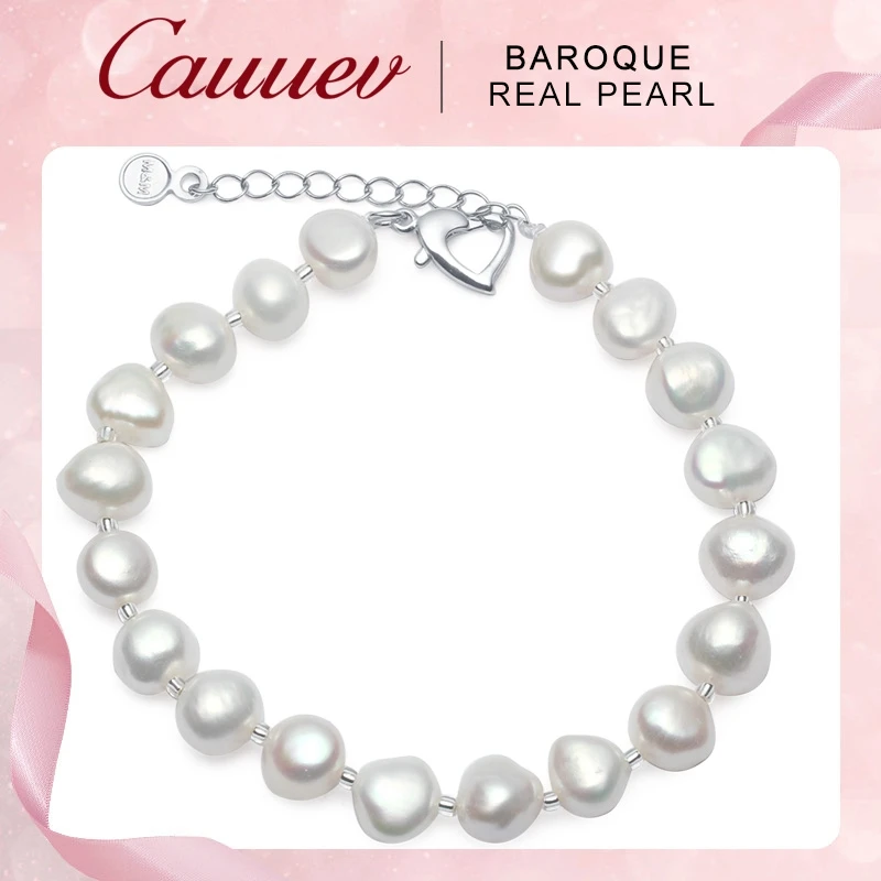 Cauuev Genuine Natural Freshwater Baroque Pearl Bracelets Bangles For Women 9-10mm Charm Jewelry 925 Sterling Silver Jewelry2022