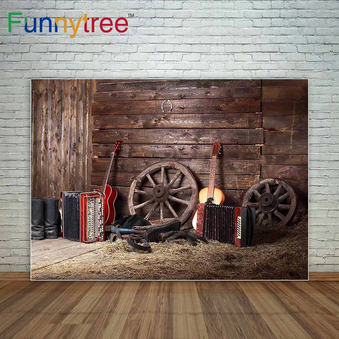 Wooden wall music instrument wheels withered grass barn farm backdrop decor background cloths photography vinyl