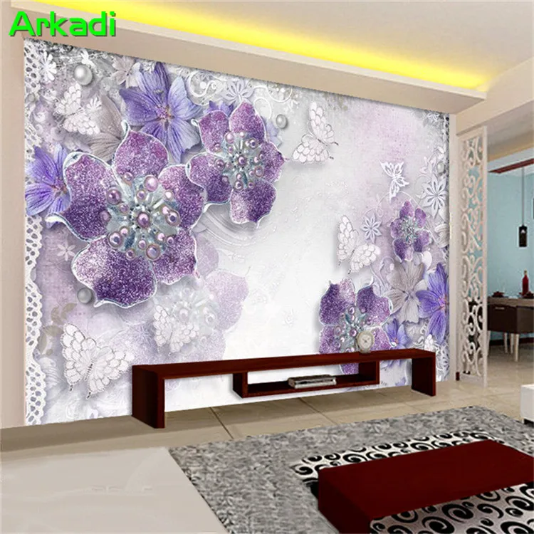 Simple noble gorgeous purple European 3d flower wallpaper living room TV background living room bedroom mural butterfly pearl 8d