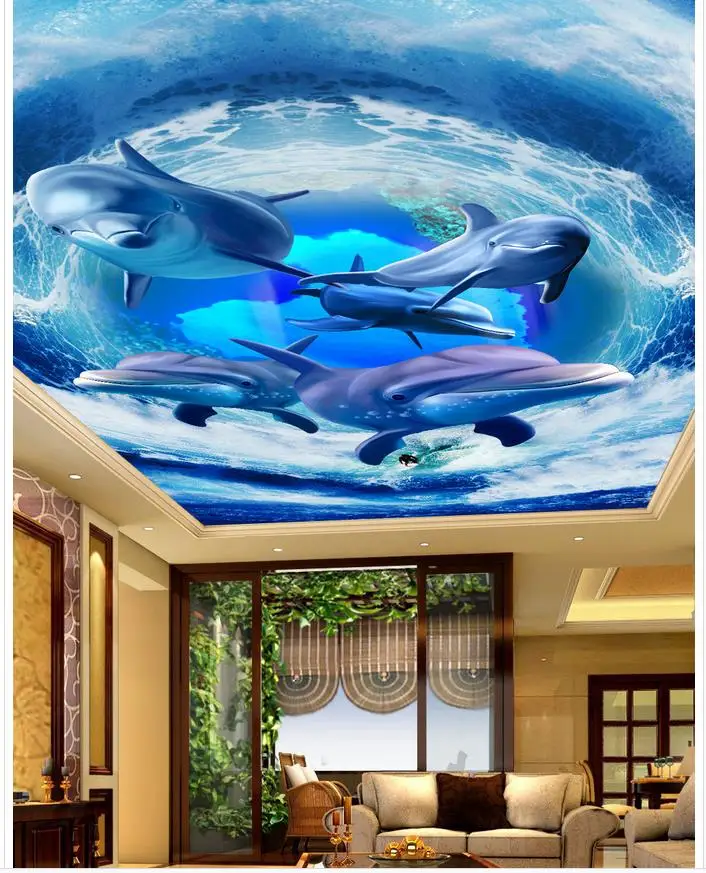 

Waves Dolphins ceiling Landscape wallpaper murals ceilings 3d mural paintings Home Decoration