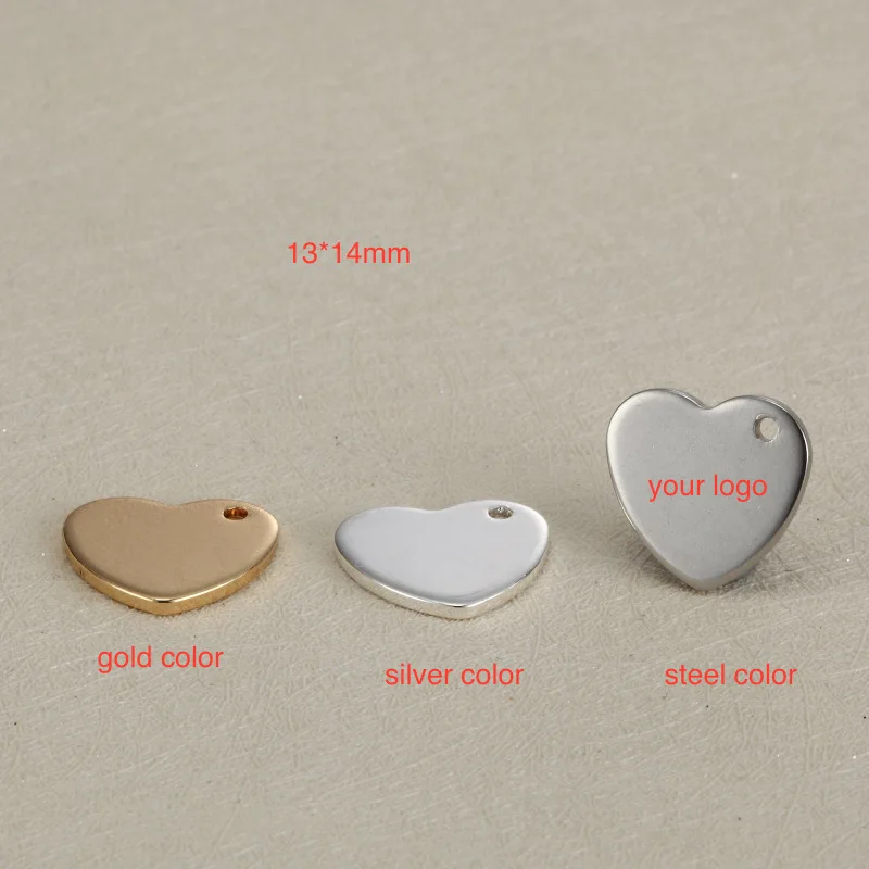 50pcs/lot 13*14mm Blank Heart Tag Stainless Steel Charms Custom Engrave your own logo at small quantity DIY Handmade