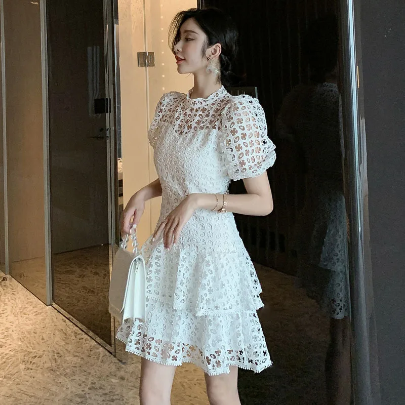

Summer High Quality Women Short Sleeve O Neck Dress Office Bandage Cascading Ruffle Lace Dress Elegant Club Sexy Party Dresses