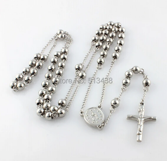 5pcs Lot Thin 4mm  bead  religious crucifix  Cross Pendant JESUS Rosary Necklace 316L Stainless Steel Jewelry