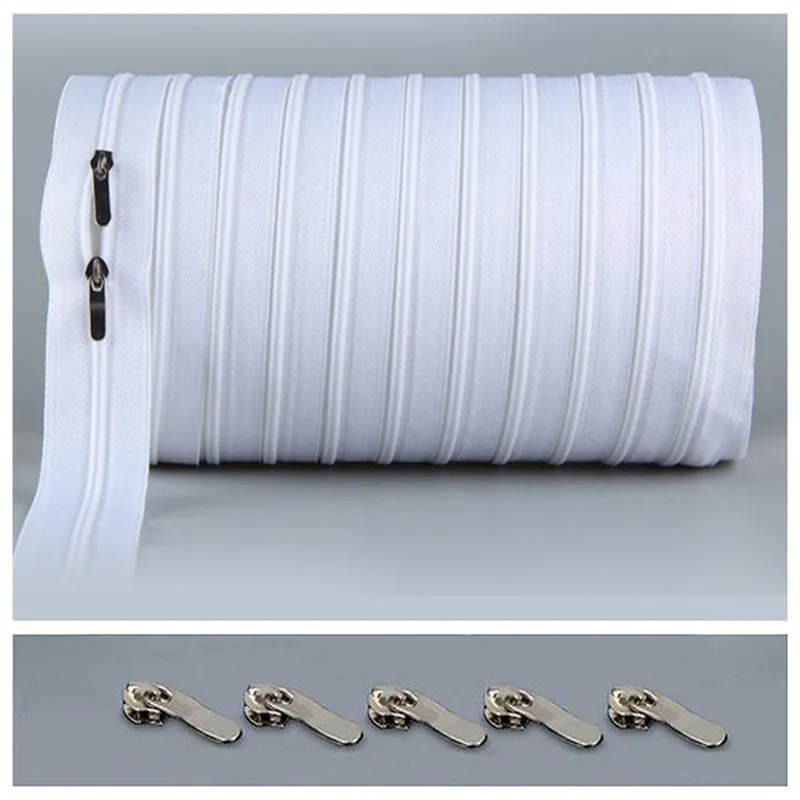 5 meters bulk Zipper #3 White Quilt zipper Nylon coil zippers for sewing wholesale Double Sliders Closed End DIY Sewing Craft