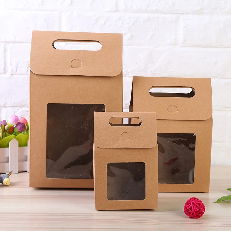 100Psc/Lot 3 Size Kraft Paper Cake Cookies Candy Packaging Paper Gift Box With Window Portable Gift Candy Paper Box With Handle