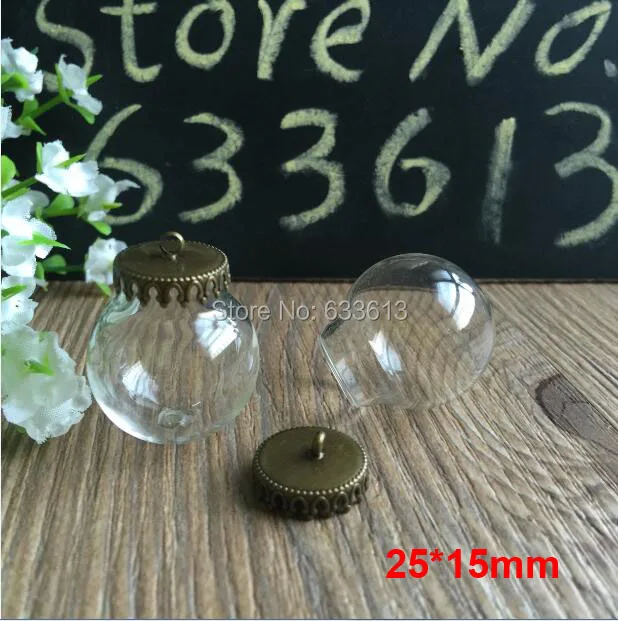 Free ship 100sets/lot 25*15mm glass globes & 15mm silver crown base with ring findings set glass bubble orbs DIY vial pendants