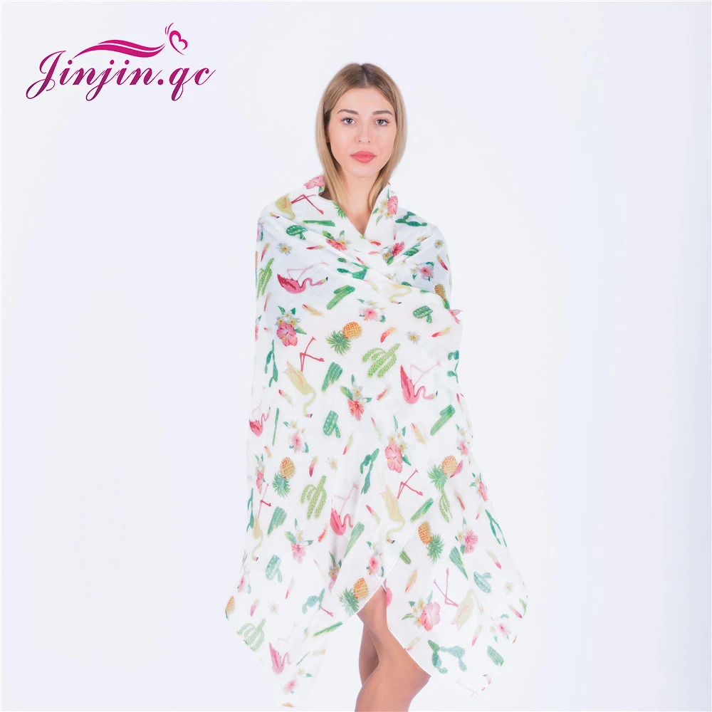 

Jinjin.QC 2019 New Spring Fashion Scarf Flagmingo Printed Scarves and Wraps Cactus Pashmina Pineapple Bandana Echarpe Foulard