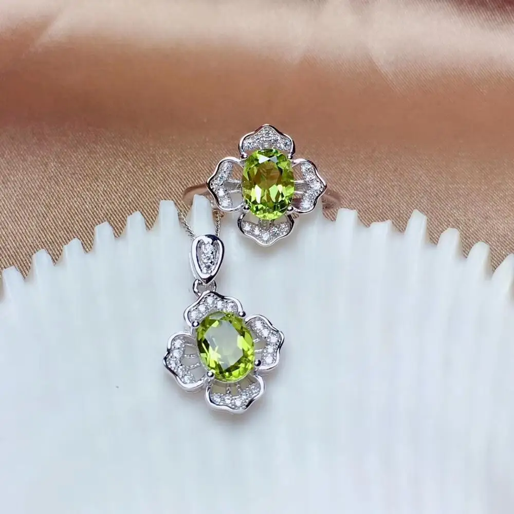 

charming green Peridot gemstone ring and necklace 925 sterling silver fine jewelry set natural gem Aug birthstone party gift