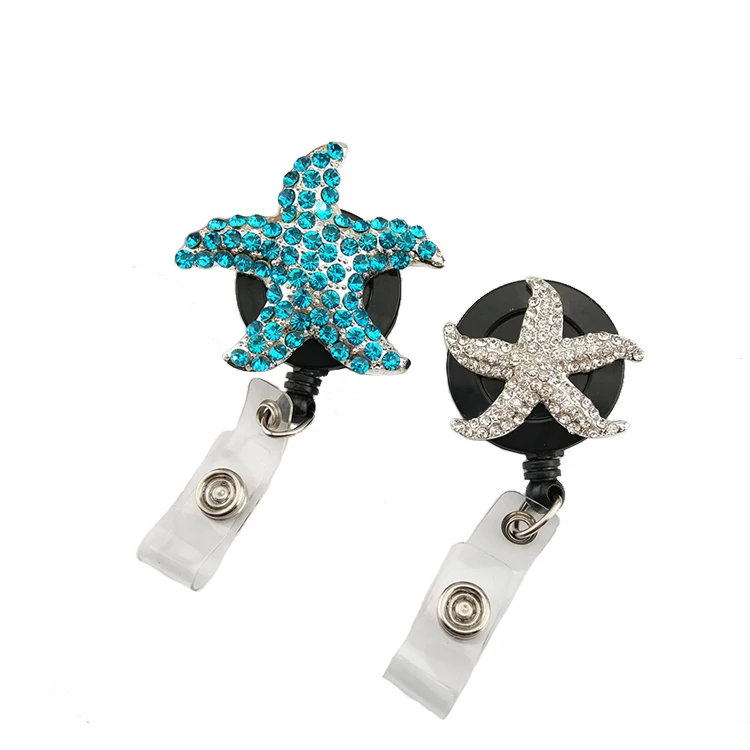 

20pcs Crystal Blue Rhinestone Starfish Retractable Badge Reel / Name Card Holder