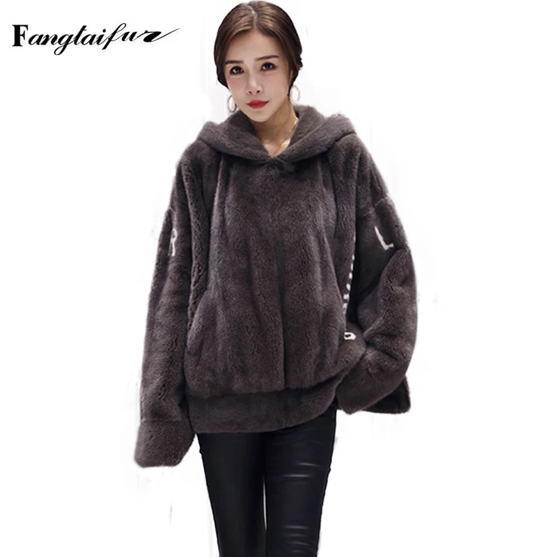 

Ftangaiur New Import Velvet Mink Fur Coat With Fur Hood Women Print Lettern Mink Jacket Women's Medium Real Mink Fur Coats