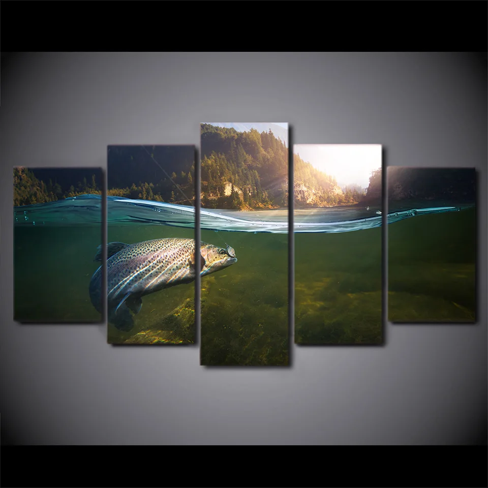 HD printed 5 piece canvas art fishing in river hooked painting wall pictures for living room modern free shipping CU-1805C