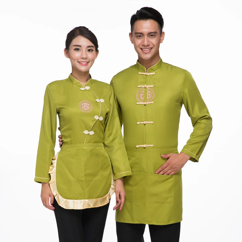 Free Shipping Tea House Long Sleeve Work Uniforms Chinese Traditional Costumes Hotpot Waiter Tang Uniform Shirt+Apron Set Sales