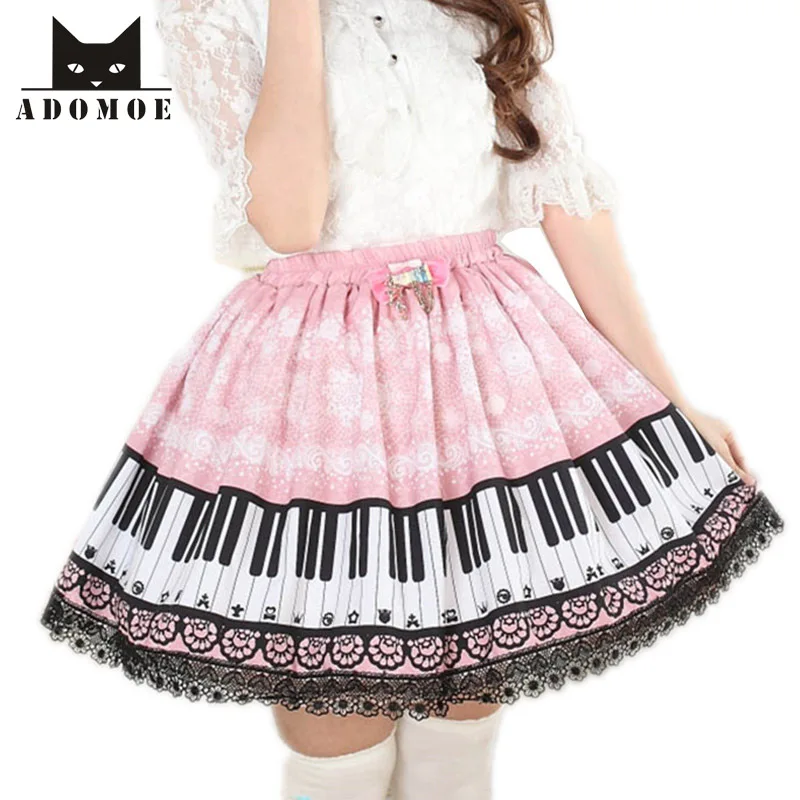 Harpsichord Piano Keyboard Printed Skirts Women Pink Lolita Princess Pleated Lace Sweet A-Line Super Cute Lady Fashion Skirt