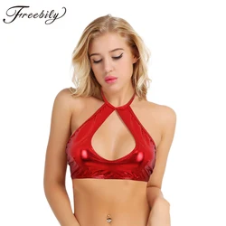 Women Shiny Metallic Faux Leather Halter Lace Up Bikini Tank Crop Top Bra Tunic Shirt Latex Wetlook Sexy Clubwear Vest