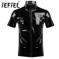 Fashion Unisex Metallic Novelty Hipster PVC Leather Stand Collar Short Sleeves Front Zip Up T-shirt Tops for Clubwear Cosplay