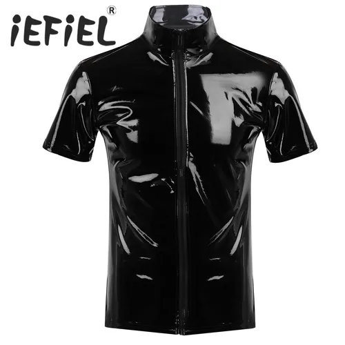 Camiseta de cuero de PVC con cuello levantado para hombre y mujer, camisa de manga corta con cremallera frontal, estilo Hipster, a la moda, Unisex