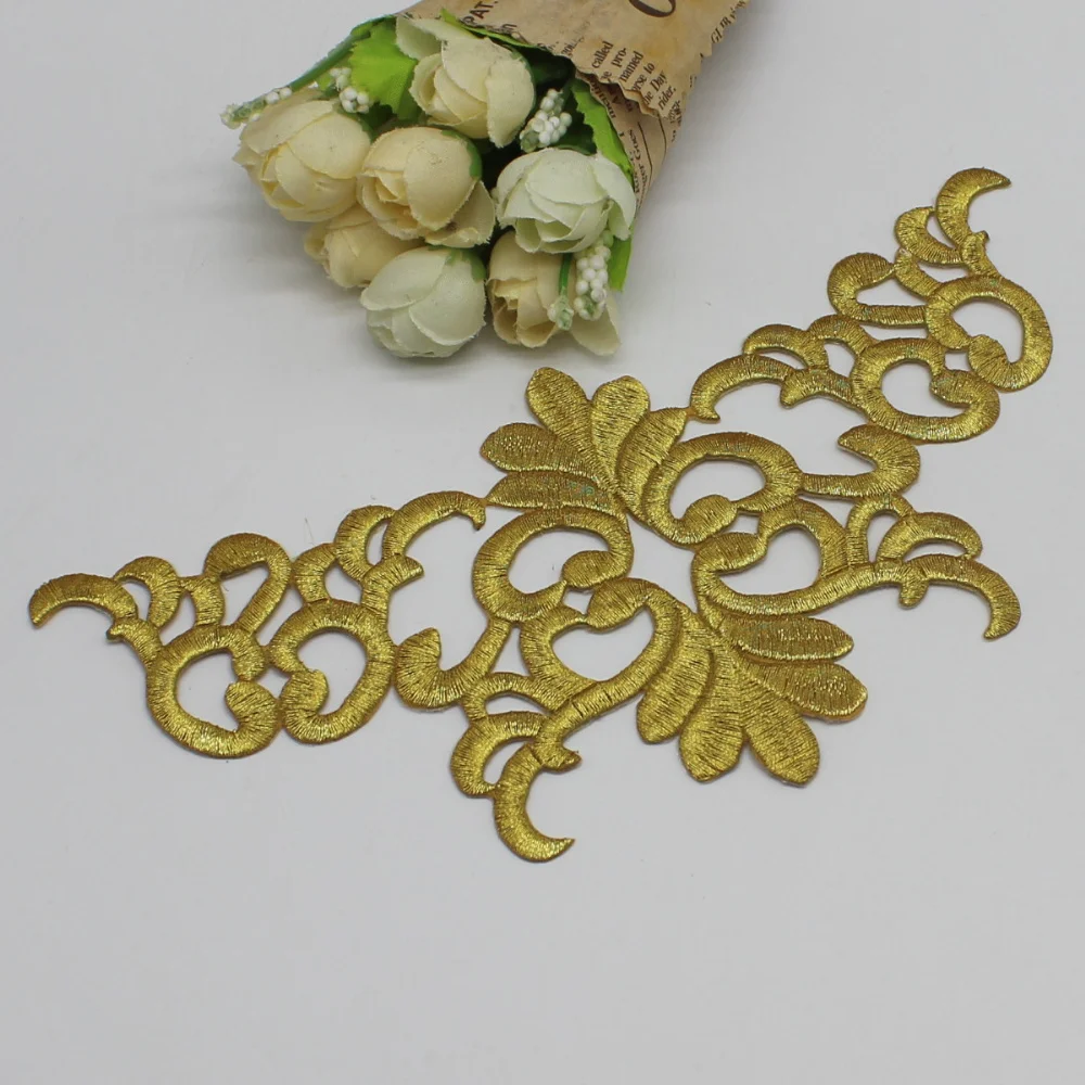 Gold Embroidered Patches Iron On Appliques Flower Vintage Diy Trims Shiny Metallic Gold And Silver 20cm*9.5cm