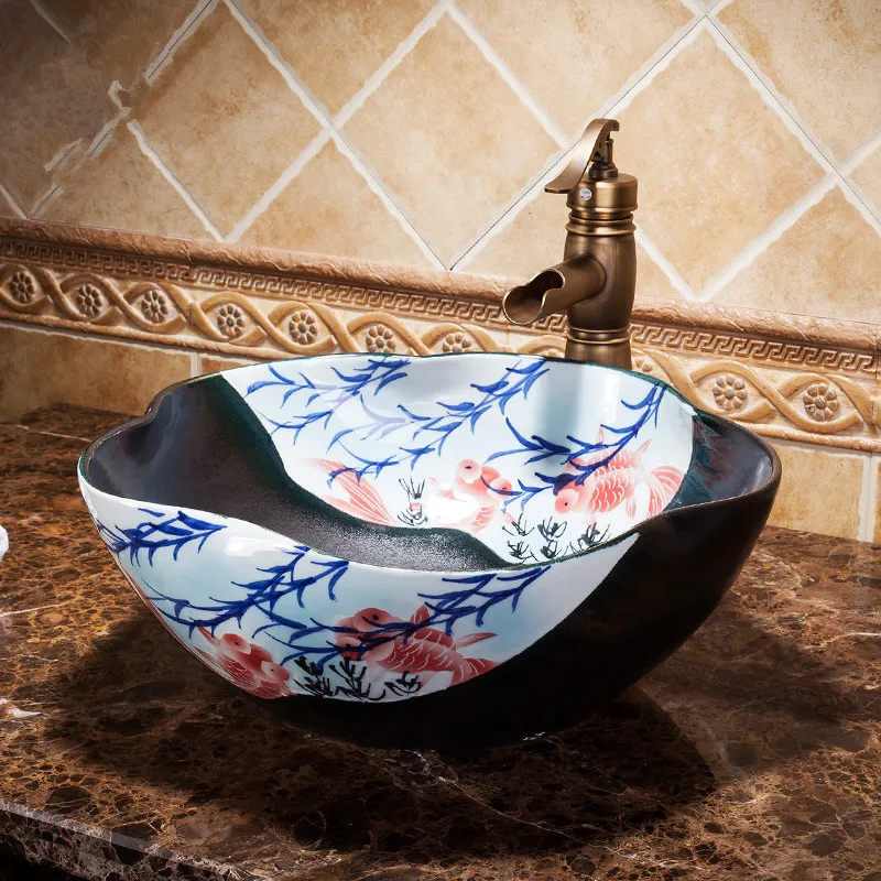 

Colorful China Artistic Handmade porcelain Round bathroom counter top ceramic Bathroom sink decorative wash basin