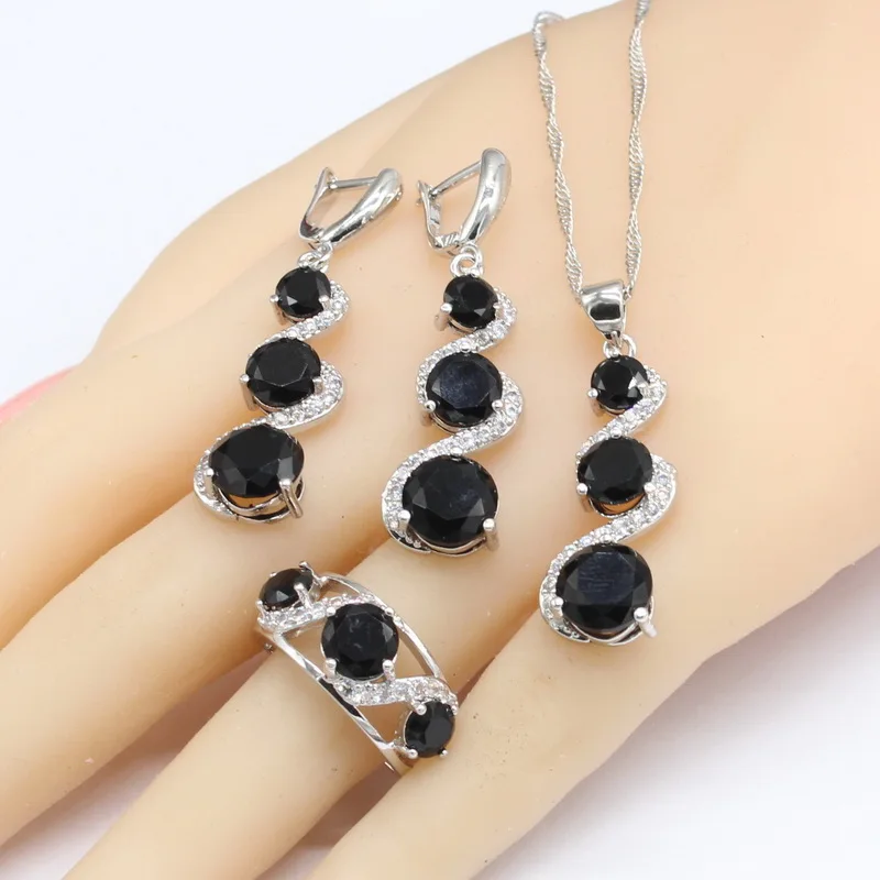 Black White 925 Silver Jewelry Sets For Women Bracelet Long Earrings Necklace Pendant Rings Free Gift Box