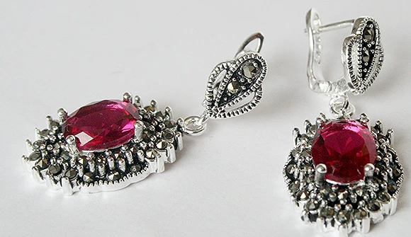 

925 STERLING SILVER HOT PINK FACETED MARCASITE EARRINGS 11/2" BEST GIFT