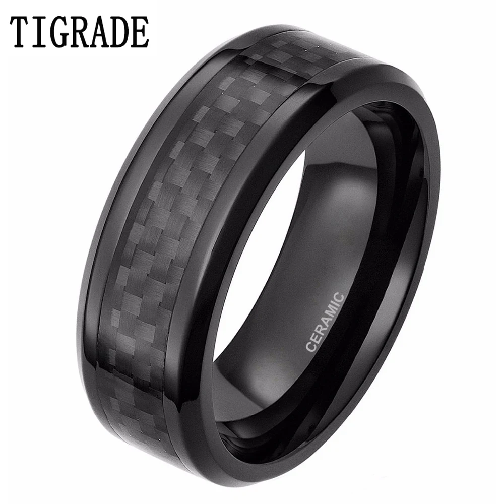 TIGRADE 6/8mm Men\'s Black Rings Carbon Fiber Inlay Ceramic Ring Wedding Band Dark Male Jewelry Finger Band Unique anillo hombre