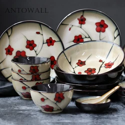 ANTOWALL Japanese 1pcs Red Plum Tableware Household Ceramic Plate Deep Dish Soup Rice bowl Small Soy Sauce Dish