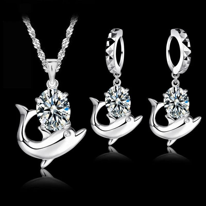 

Shinning Cubic Zirconia Hot Selling Cute Dolphin Pure 925 Sterling Silver Jewelry Sets Elegant Anniversary Gift For Women