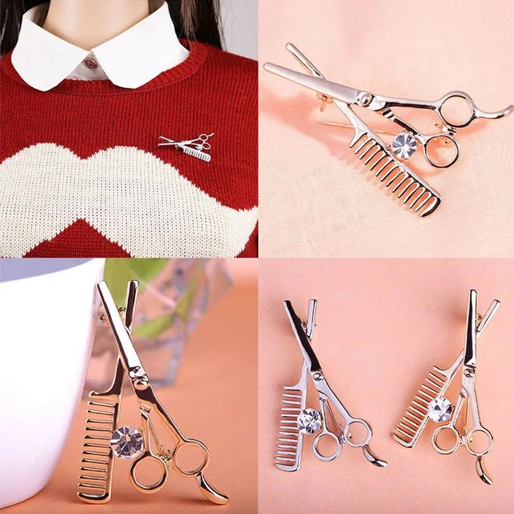 Unisex Creative Brooch scissors comb rhinestone crystal breastpin clothing accessories