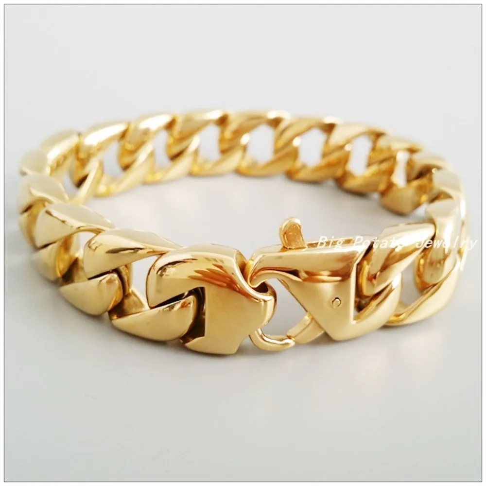 22cm*15mm New Fashion Bright Color Jewelry 316L Stainless Steel Gold Men\'s&Boy\'s Bracelets Bangles,Perfect Technology