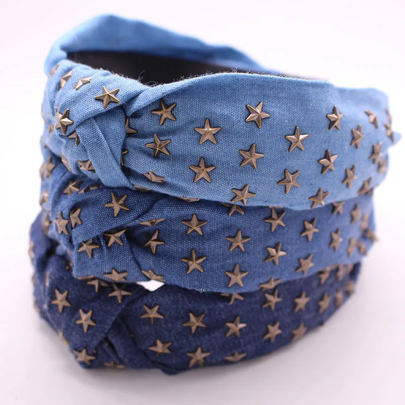 Bohemian Ethnic Denim Center Knot  Hairband Metal Star Stamping Knotted Headband Hair Accessories