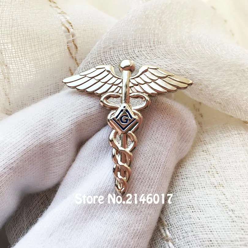 Silver Color 30mm Masonic Lapel Pin Freemason Lodge Medical Doctor Pins and Brooch Masonry Wings Snake Symbol Free Masons Badge